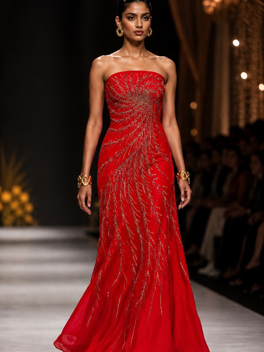 Tiffany Designs Strapless Red Evening Prom Gown with Gold Embellishment Beaded